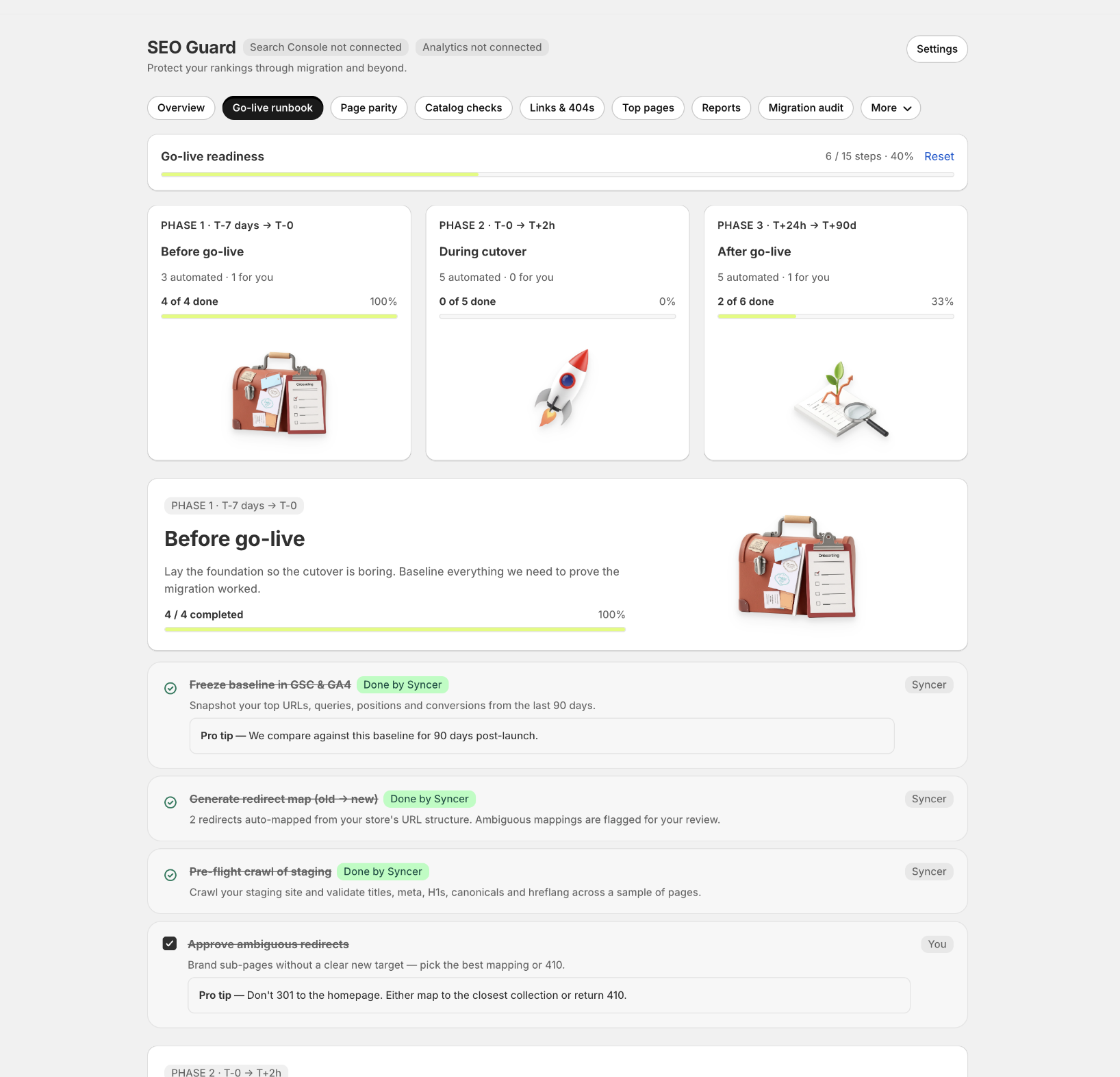 SEO Guard go live runbook with checks before, during and after launch