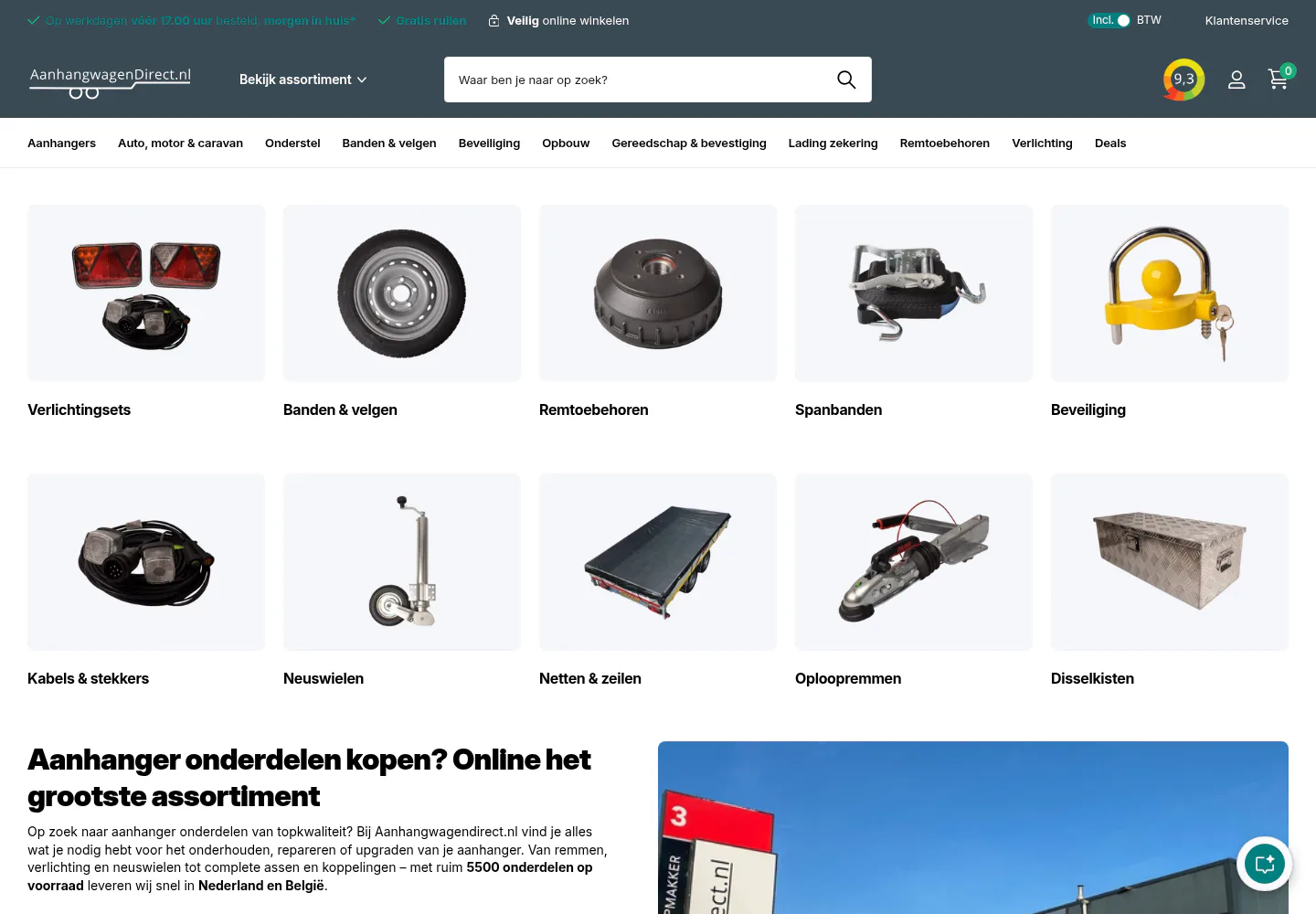 Aanhangwagendirect.nl webshop on desktop