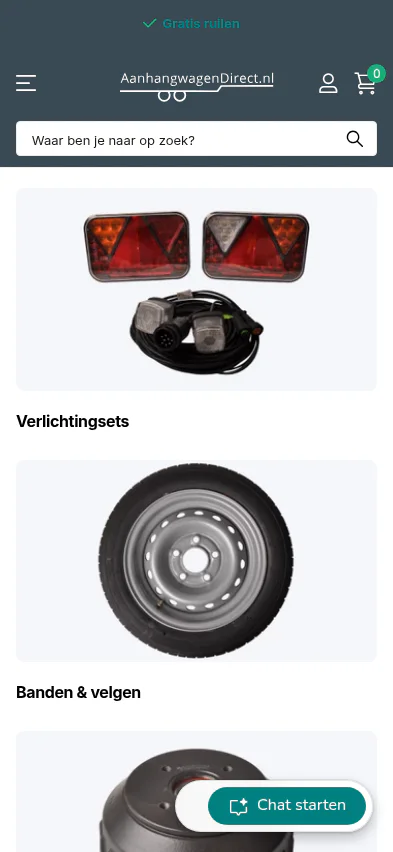 Aanhangwagendirect.nl webshop on mobile
