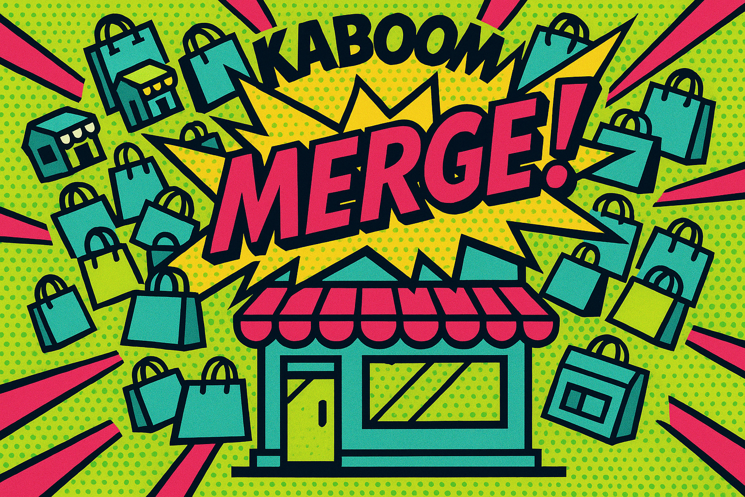 Pop art illustration of multiple Shopify storefronts merging into one Shopify Plus store