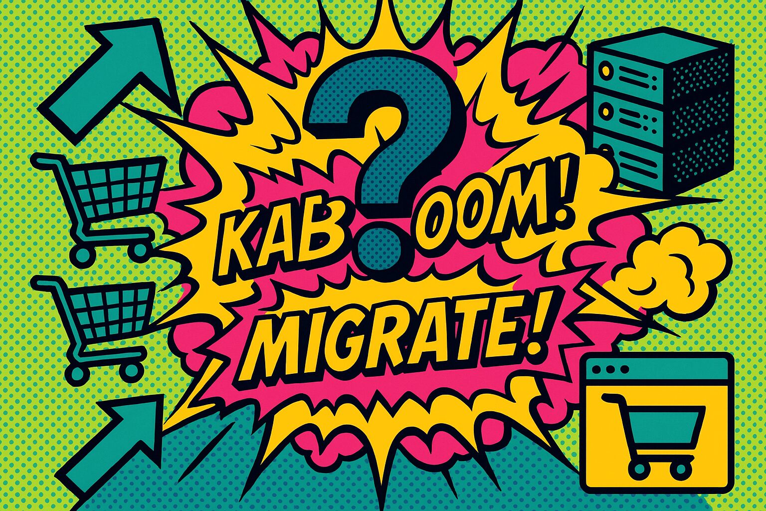Pop art illustration with MIGRATE! text — Shopify Plus migration FAQ