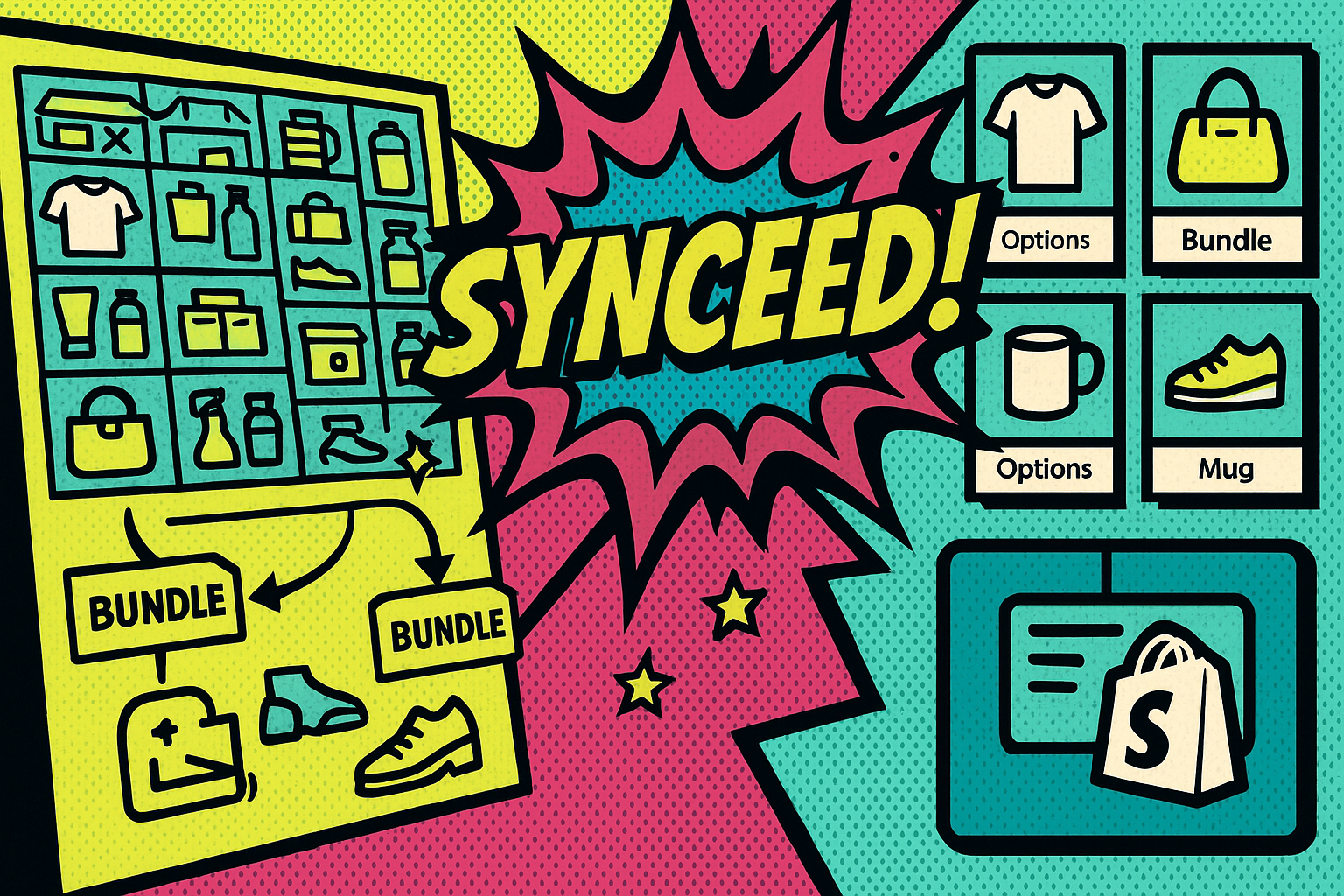 Pop art illustration of a complex product catalog with bundles and variants syncing to Shopify