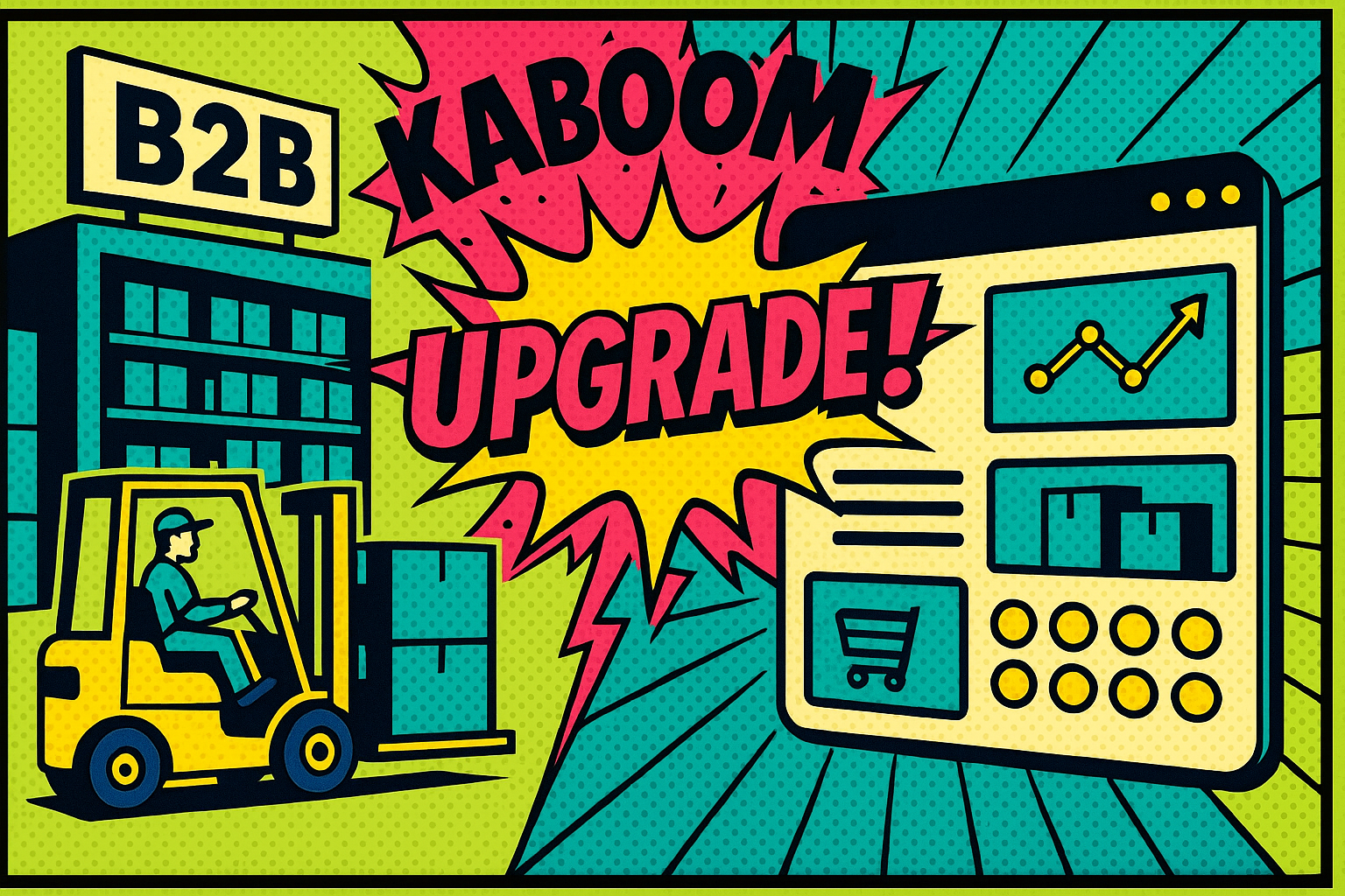 Pop art illustration of a B2B warehouse forklift upgrading into a digital Shopify Plus storefront dashboard