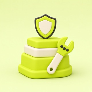 Icon of a shield and wrench on stacked blocks